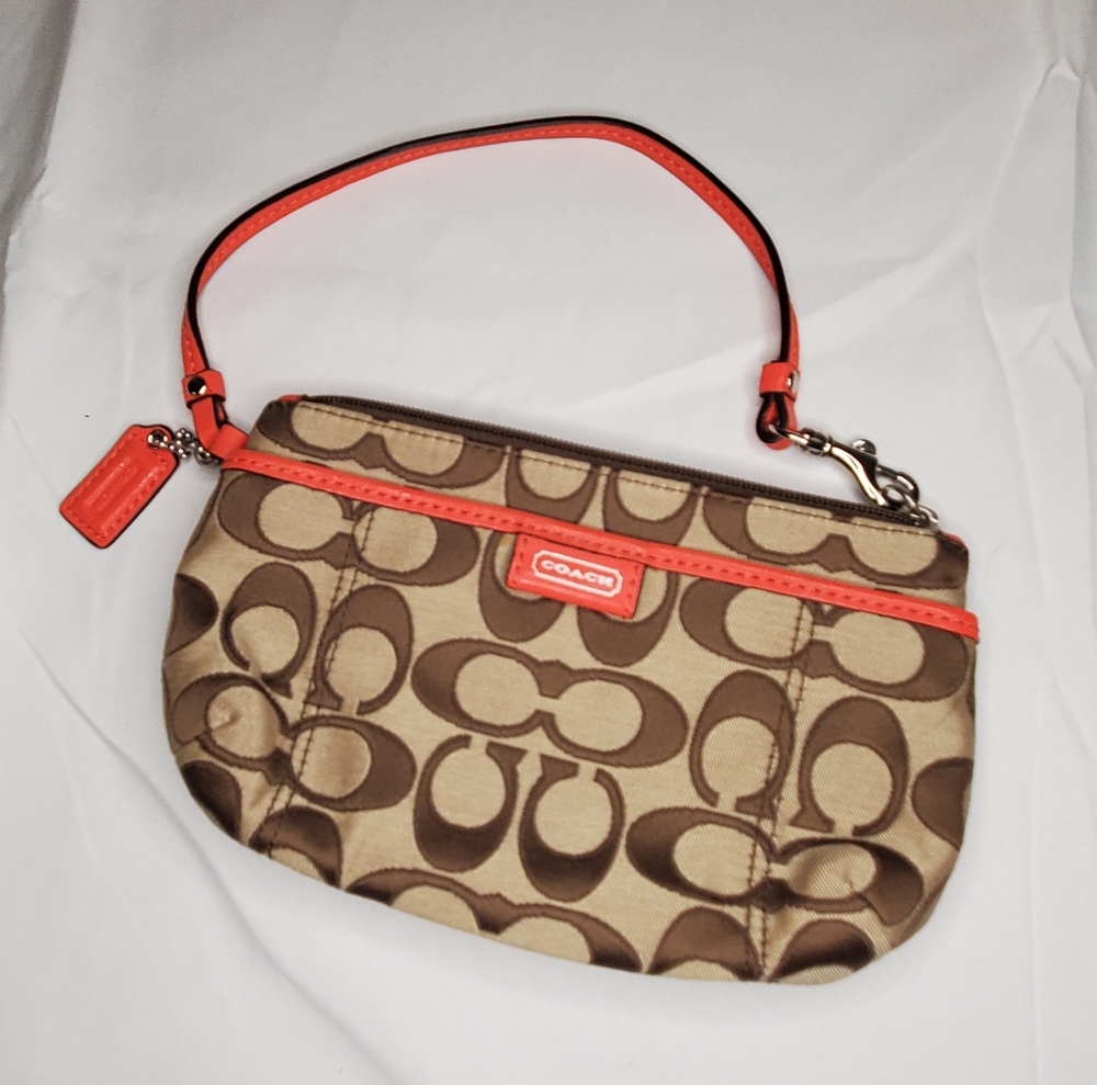 Coach signature orange trim wristlet wallet clutch